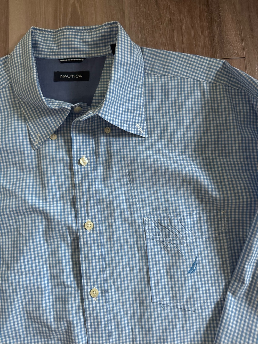 Nautica Light Blue and White Gingham Button-Up Dress Shirt